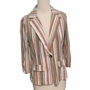 Soho Apparel Striped Linen One Button Ruched Sleeve Blazer‎ White Orange Medium